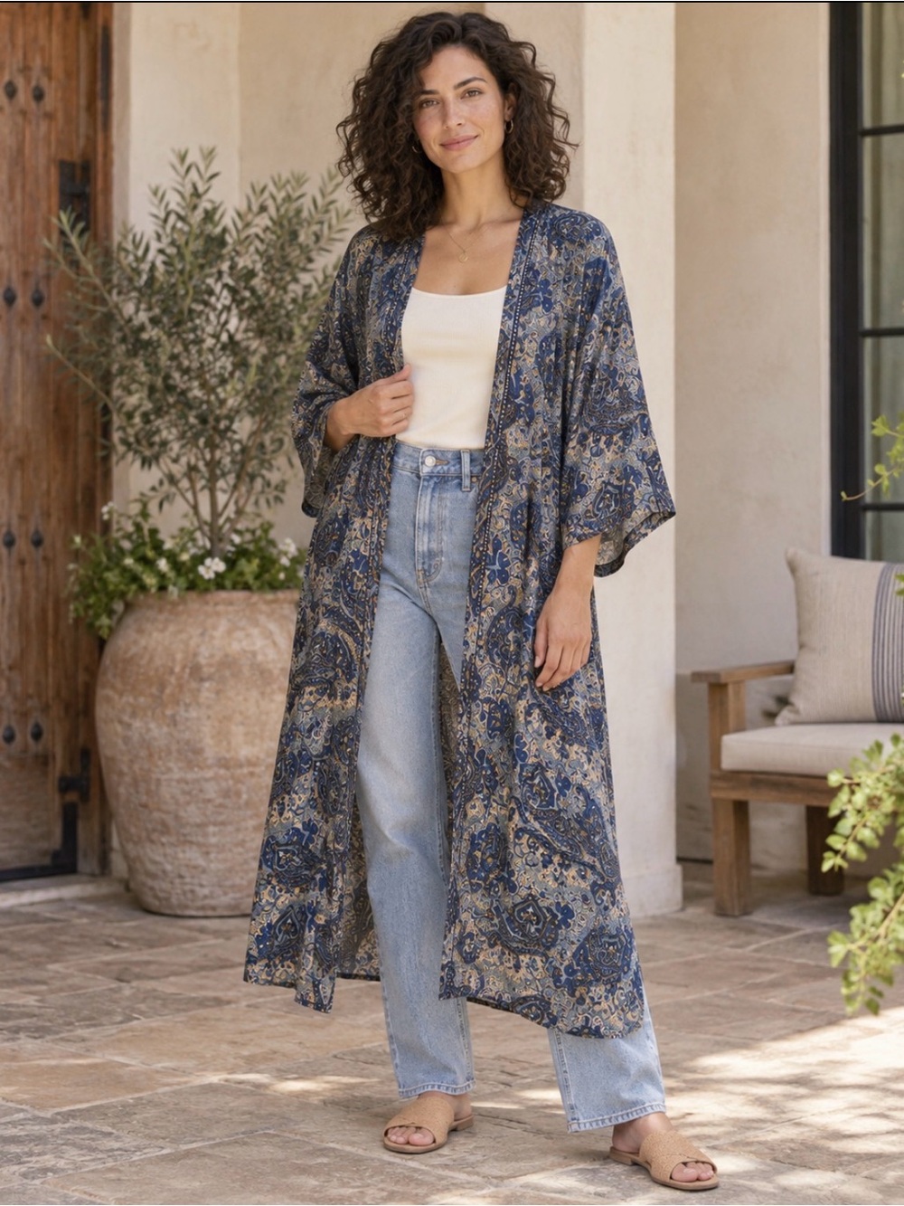 Dolma 70% Silk Paisley Long Kimono Duster S/M Boho Resort Blue Gold